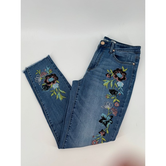 Seven7 Denim - Seven7 Womens Floral Embroidered Skinny Jeans Medium Wash Raw Hem High Rise